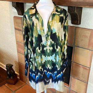 Zara blue and green watercolor satin tunic top, M!